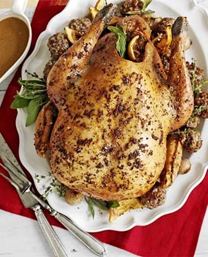 Roast turkey with pecan, sausage & chestnut stuffing & roast shallots