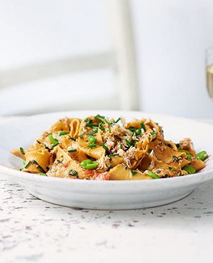 Homemade pappardelle with crab & broad beans