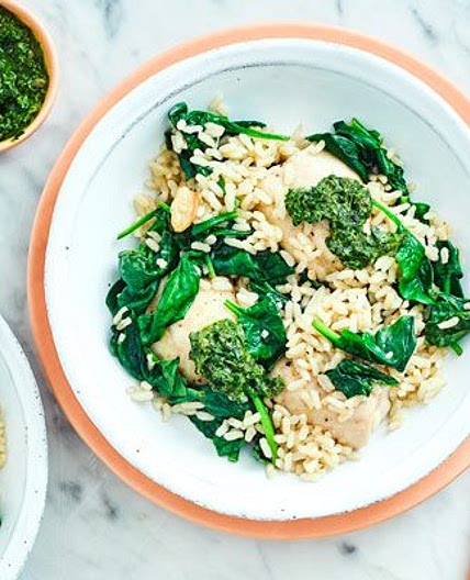 Roast chicken thighs with brown rice & salsa verde