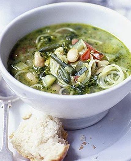 Spring vegetable soup with basil pesto