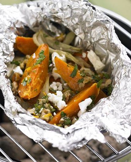 Hot dressed sweet potato, fennel & feta parcels