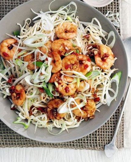 Garlic chilli prawns with sesame noodles
