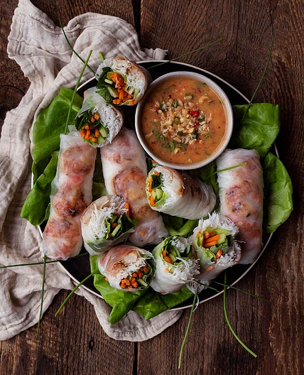 Vietnamese LemonGrass Grilled Shrimp Fresh Rolls with a Peach and Thai Chilli Peanut Sauce