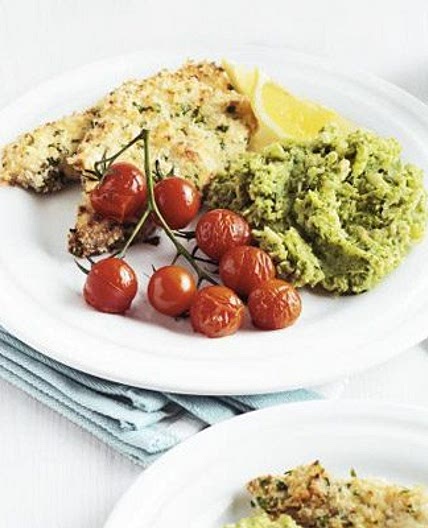 Lemony crumbed turkey with broccoli-bean smash
