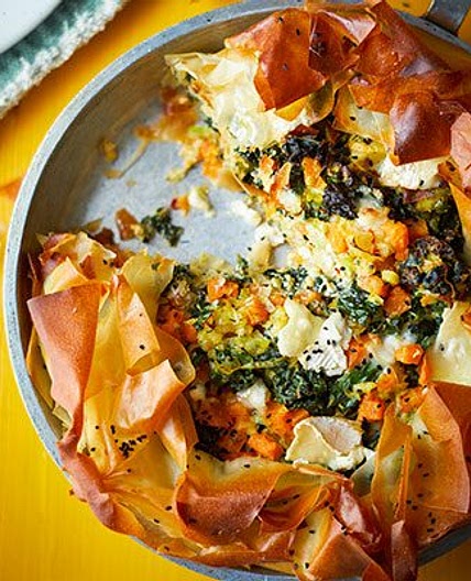 Open leek & sweet potato pie