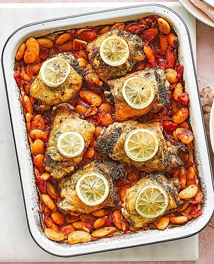 Lemon & herb chicken traybake with butter beans & potato wedges