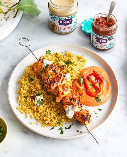 Harissa Chicken Kebabs with Red Pepper Houmous - Alfez