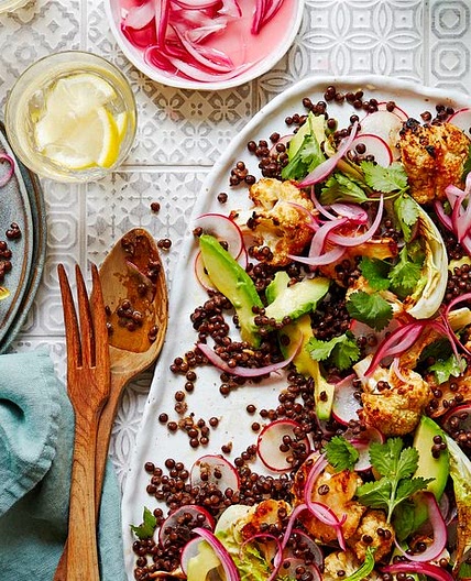 Miso roasted cauliflower, avocado and lentil salad
