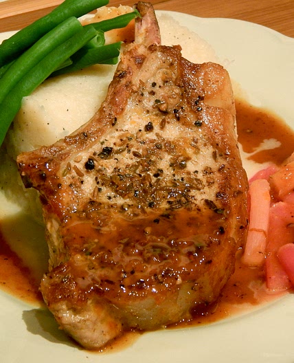 Fennel basted pork chops with rhubarb