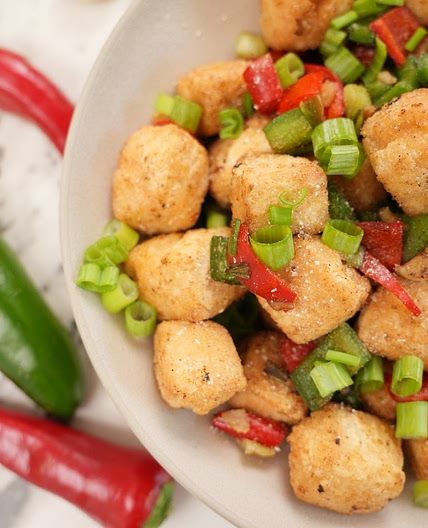 Salt and Pepper Tofu 1 lb firm or extra firm tofu drained and pat dry 1 egg 1 cup cornstarch plus 2 tbsp 1 red chili I used fres