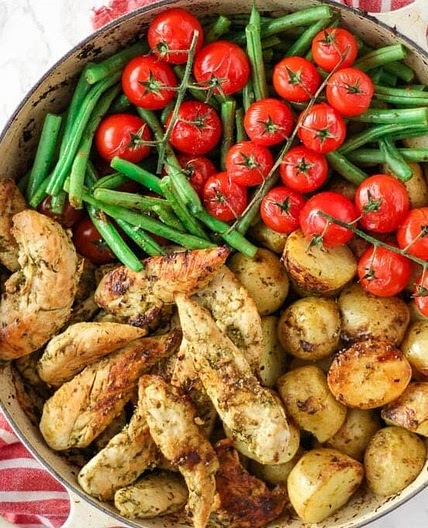 Pesto Chicken {One Pan Bake}