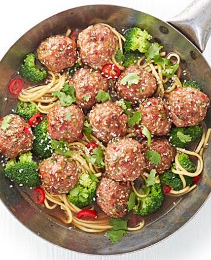 Sesame pork meatballs with chilli noodle broth