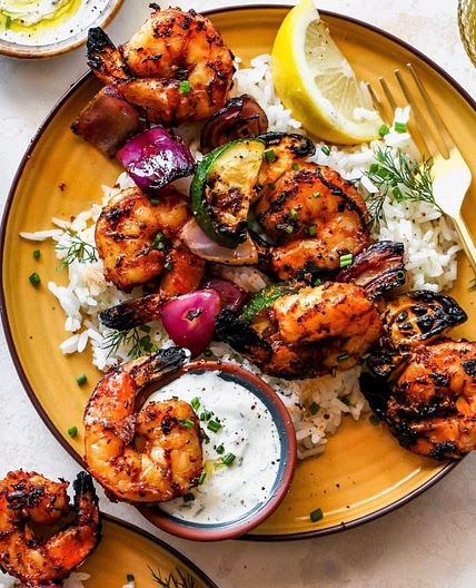 Spicy Grilled Shrimp with Cucumber Dill Rice
