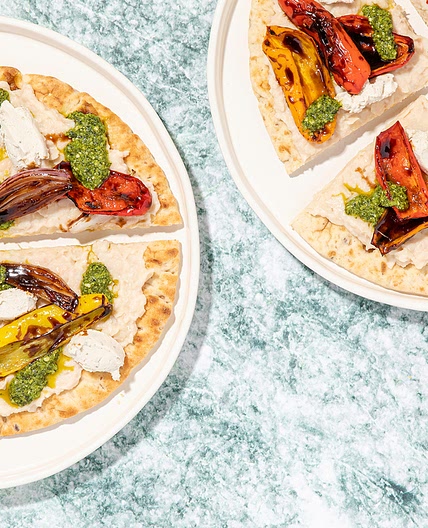 Pesto Flatbreads with Agrodolce Peppers & Cannellini Bean Purée