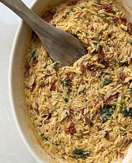 Boursin, Spinach & Sun-dried Tomato Orzo Bake