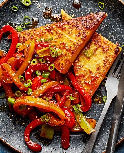 Miso polenta with soy peppers