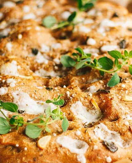 Vegan Whole Wheat Oregano, Feta, Garlic, and Apple Honey Focaccia Bread