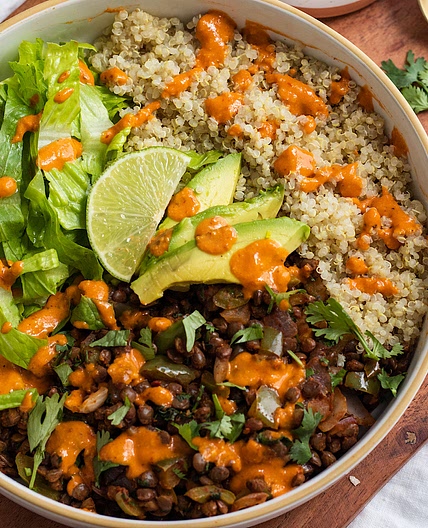 Lentil burrito bowl with chipotle cashew sauce
