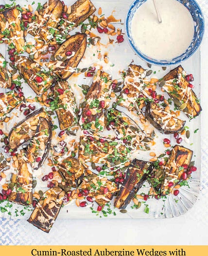 *0352kcal[9.0][10/10]* Cumin-Roasted Aubergine Wedges with Pumpkin Seeds, Pine Nuts, Pomegranate & Yogurt Dressing