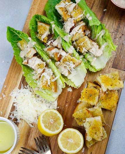 CHICKEN CAESAR SALAD BOATS WITH HOMEMADE CROUTONS