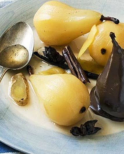 Spiced poached pears in chocolate sauce