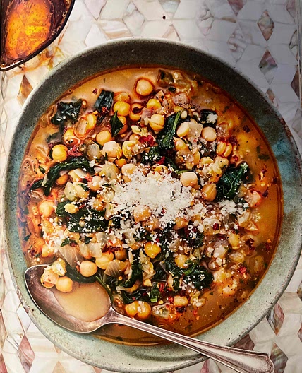 Garlicky Spinach and Chickpea Soup with Lemon & Pecorino Romano