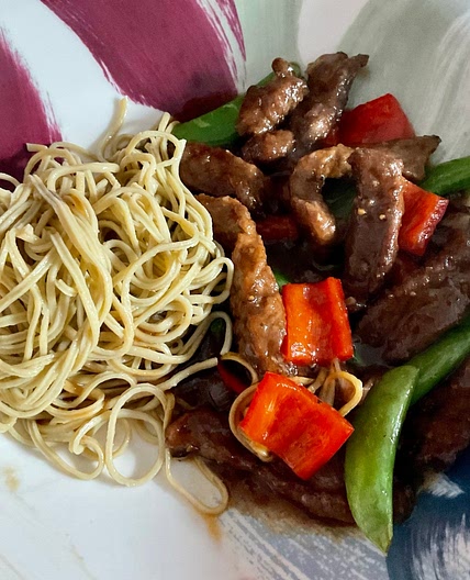 Black Pepper Beef, Sugar Snap Pea and Pepper Stir fry