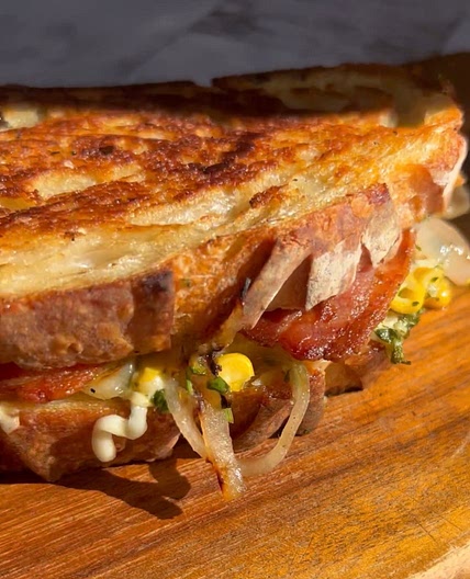Bacon, Corn + Shallot Grilled Cheese with Garlicky Cilantro Lime