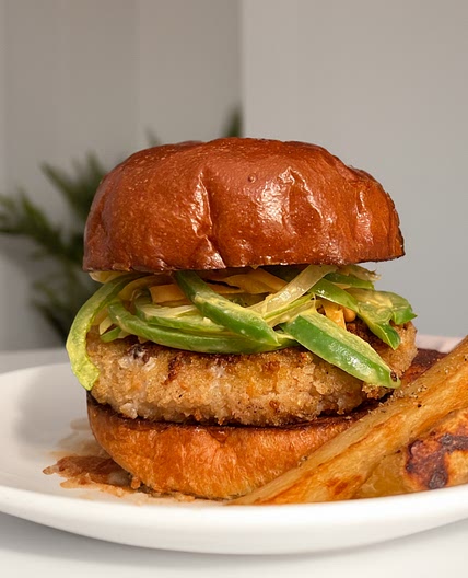 Prawn Katsu Burger with Miso Green Pepper Slaw and Umami Steak Fries