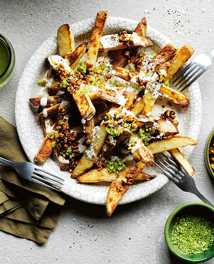 Loaded fries recipe with tahini yoghurt and smokey-sweet nuts