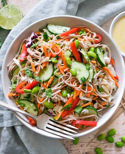 Cold Soba Noodle, Veggie Salad with Curried Coconut Dressing