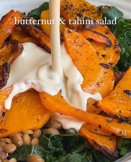 Roasted butternut squash and lentil salad with tahini lemon dressing