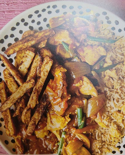 Chinese Chicken Curry, Egg Fried Rice & Chips