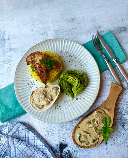 Grilled Chicken with Turmeric Rice & Creamy Mushroom Sauce
