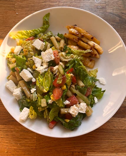 Pasta salad with hot honey halloumi