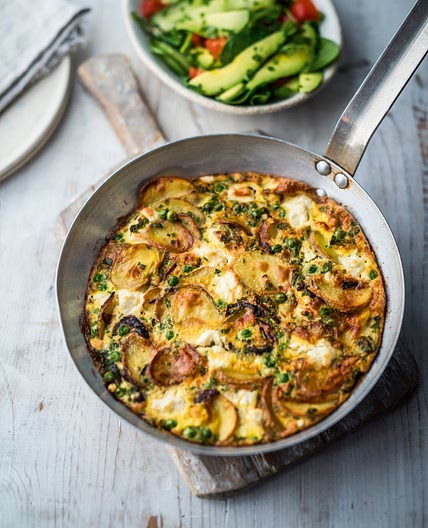 Pea, feta and mint frittata with a lemon-dressed salad recipe
