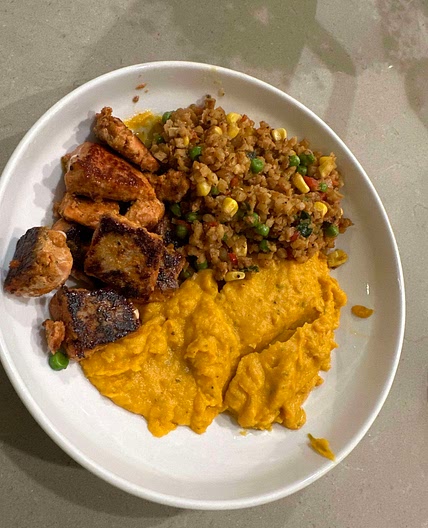 Salmon Bites with Whipped Sweet Potatoes and Cauliflower Rice