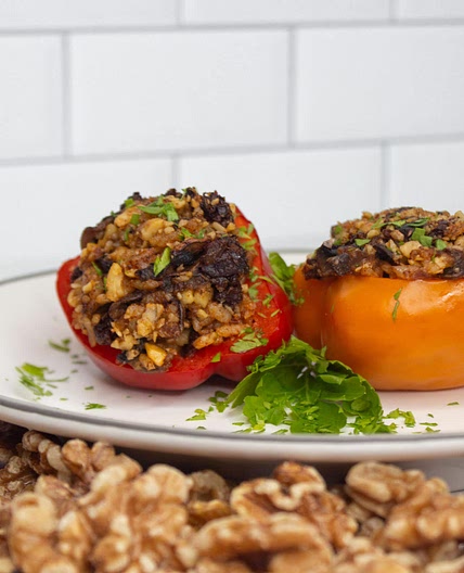 Walnut Meat Stuffed Bell Peppers with Sun Dried Tomatoes and Mushrooms