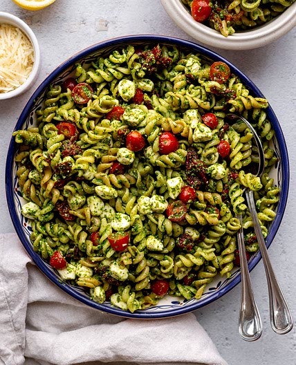 Healthy Tri-Color Pasta Salad with Spinach Basil Sauce