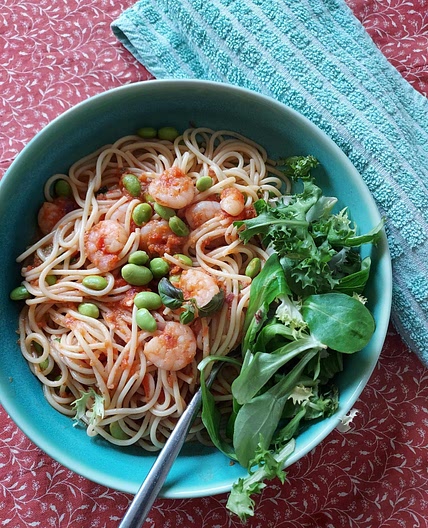 Edamame Bean and Prawn Pasta