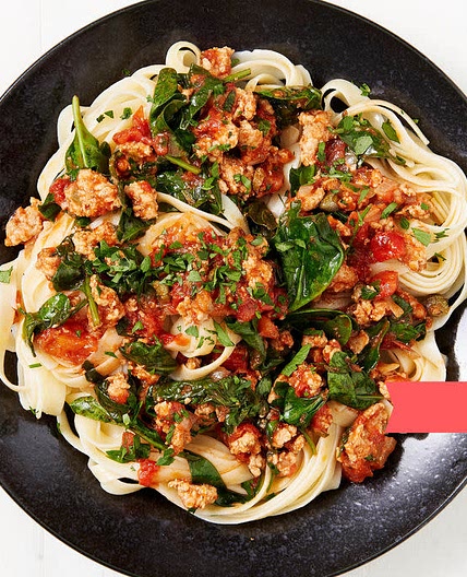Tuscan Pork Tagliatelle with Tomato, Capers and Spinach