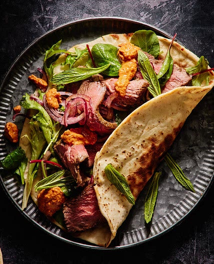 Middle Eastern Lamb Mezze Wraps with Muhammara and Sumac Onion