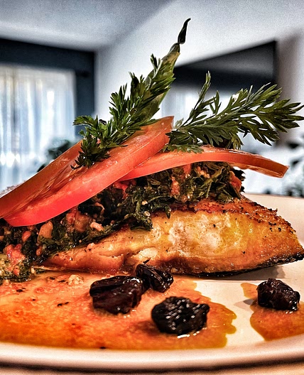The Fat Pastor's Paleo Salmon with Carrot Top Pesto & Charred Red Pepper Caesar