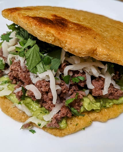 Ground Beef and Avocado Crema Arepas