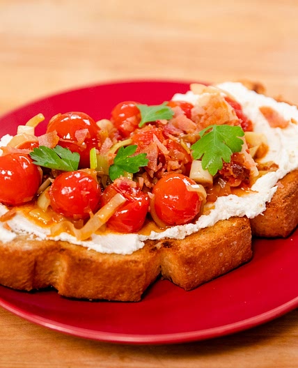 Open Faced Bacon, Leek, Tomato and Goat Cheese Sandwich