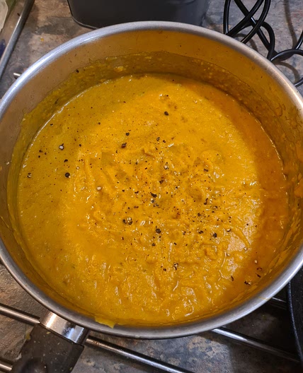 Creamy Coconut, Carrot and Sweet Potato Soup with Chilli Paneer Croutons