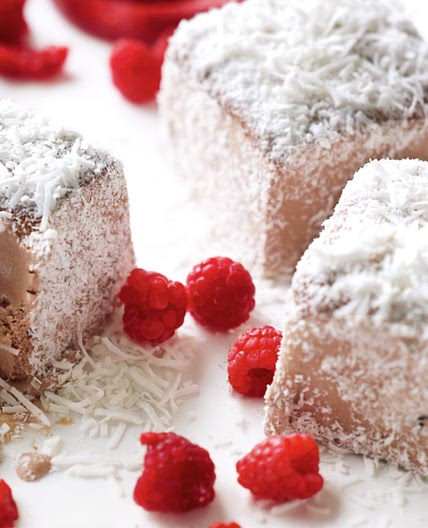 Frozen lamingtons with raspberries