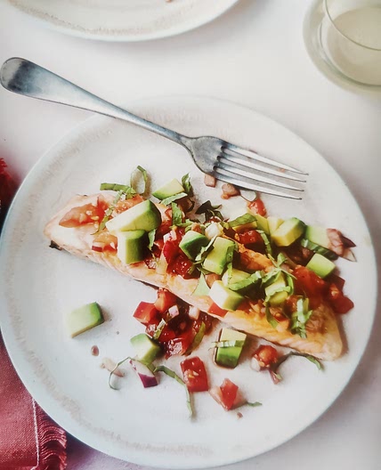 Wild salmon with avocado-basil salad