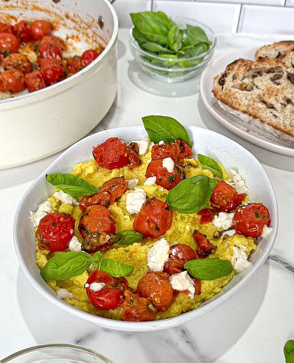 Cheesy Vegan Polenta with Basil Burst Tomatoes 