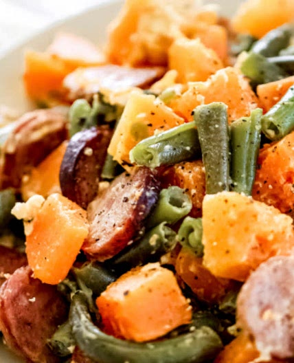 Cheesy Roasted Veggies & Sausage 
